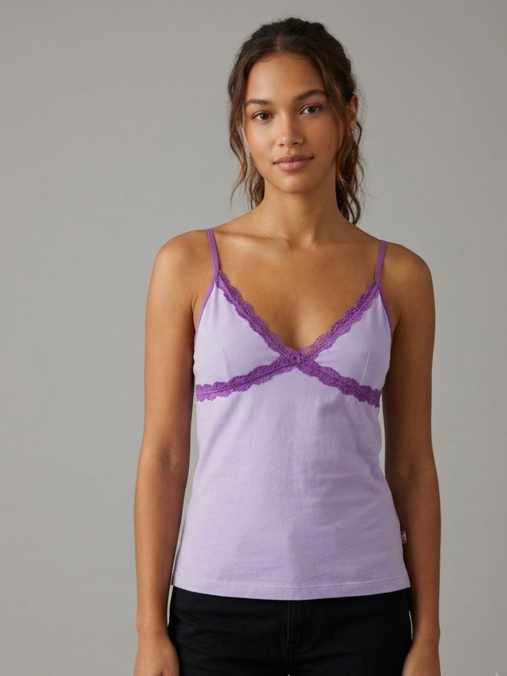 Y2K Silk & Satin Lilac Lace Trim Cami Cotton Plunge Neckline Tank Top Size Large